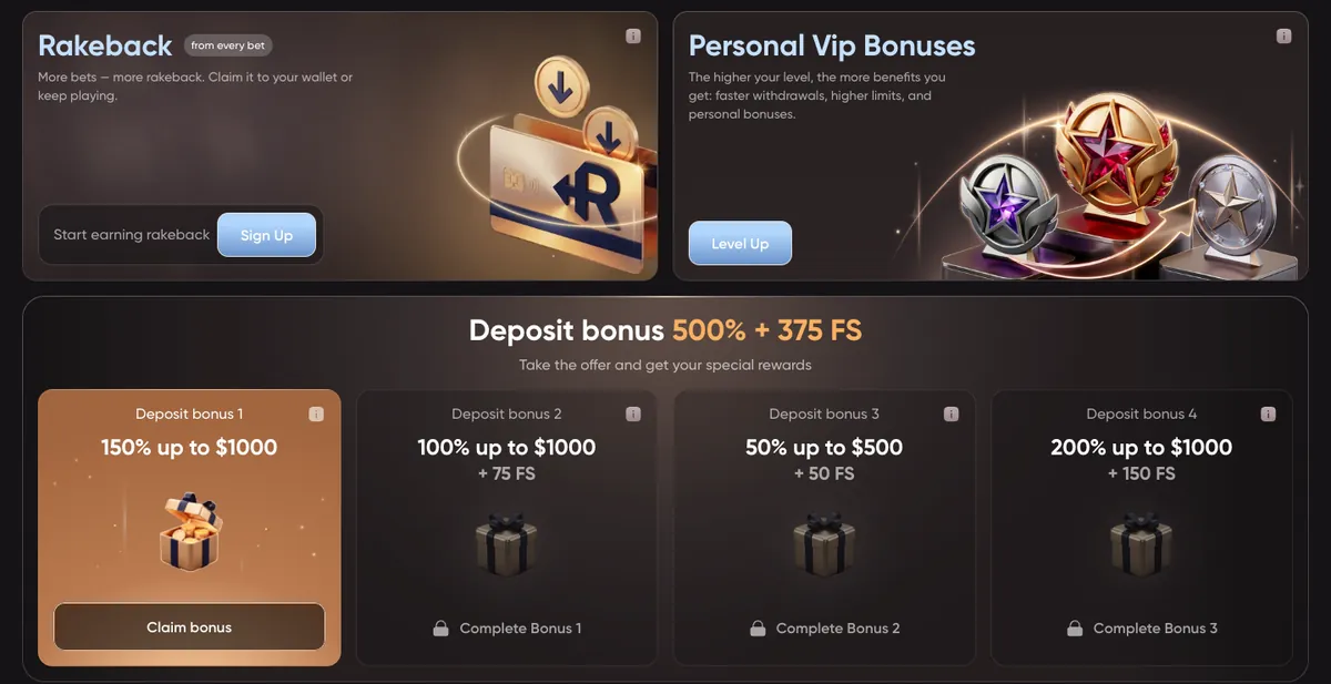 The Bonuses section at EpicStar: rakeback on every bet, VIP bonuses and the four steps of the deposit package — 150%, 100%, 50% and 200%, 500% + 375 FS in total.