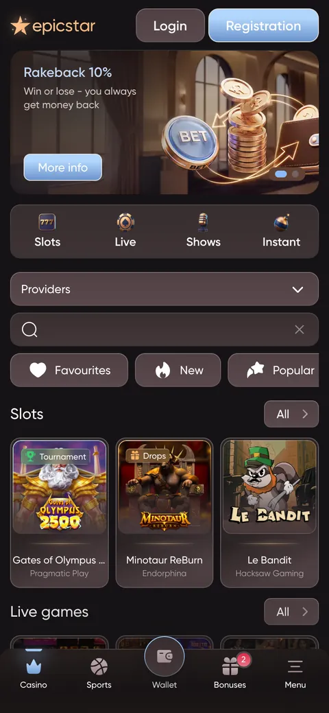 EpicStar on a phone: banner, game categories and the bottom menu — casino, sport, wallet, bonuses.